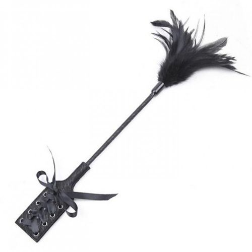 Black feather and leather tickle, ribbon and lace