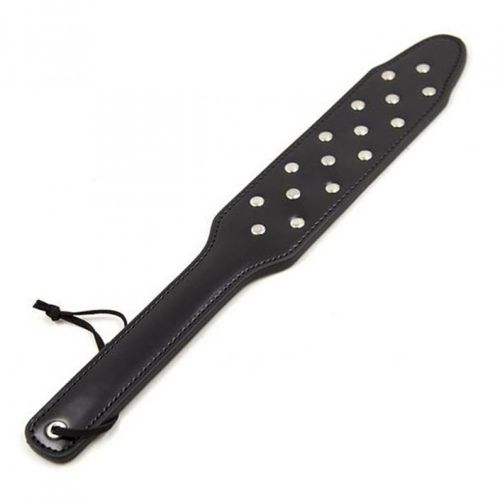 BDSM slap, black smooth leather, studs, red stitching