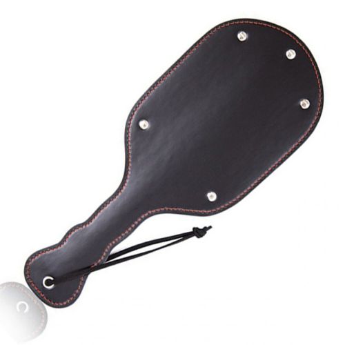 BDSM slap, black smooth faux leather and studs, red stitching