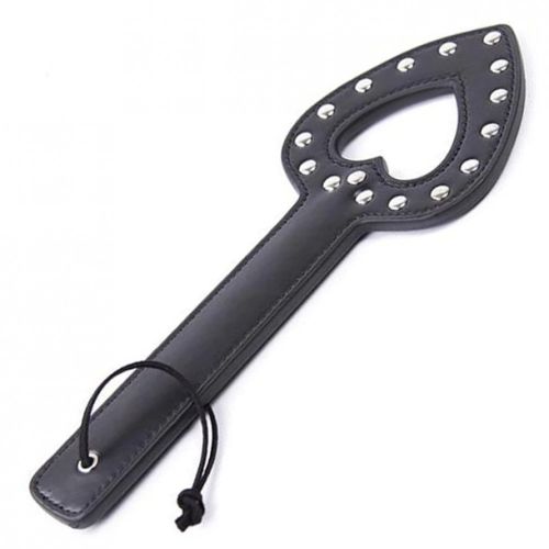 BDSM slapper heart, black smooth skin, studs