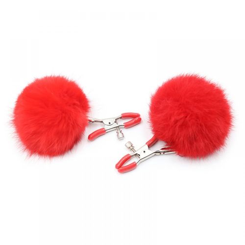 Steel nipple clamps, red fluffy balls