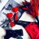 Nipple stickers with tassels, red lace hearts with roses
