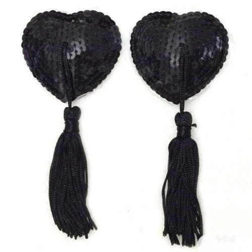 Nipple stickers with tassel, black sequined hearts