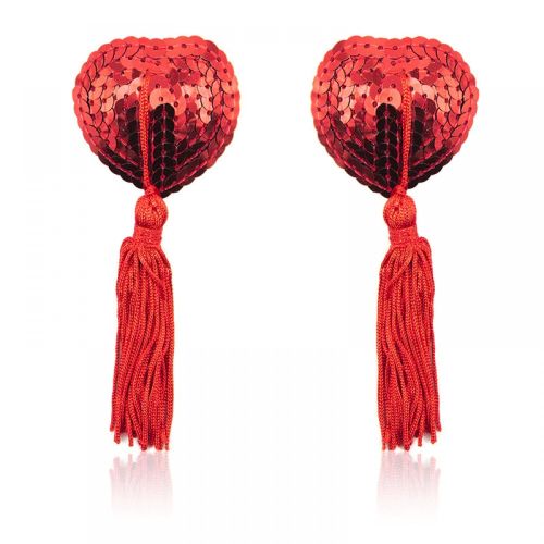 Nipple stickers with tassel, red sequined hearts