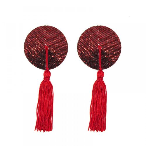 Nipple stickers with tassels, red glittering circles