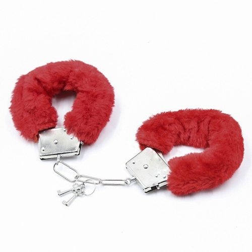 Hairy and metal handcuffs, red color