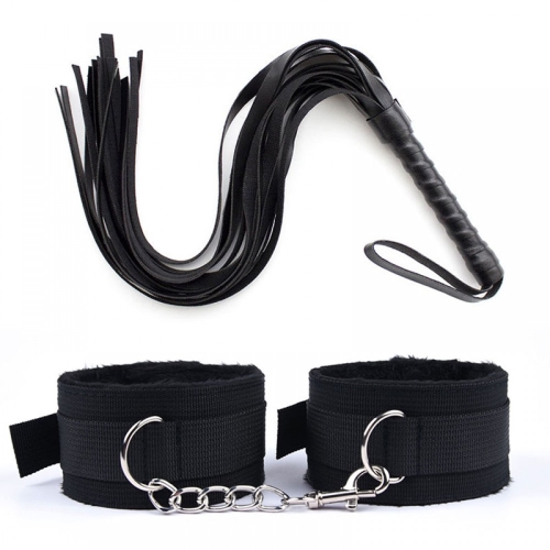 Erotic set, whip and handcuffs, black color