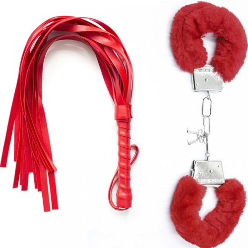 Erotic set, whip and metal handcuffs, red color