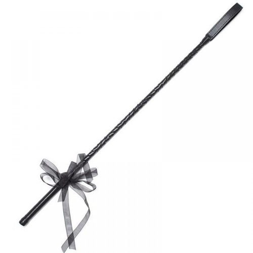 Leather whip, knitted handle, black color, ribbon
