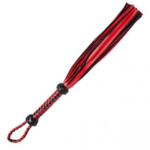 Massive leather whip, red and black color, knitted handle