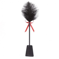 Tickle, black feather and leather, red ribbon