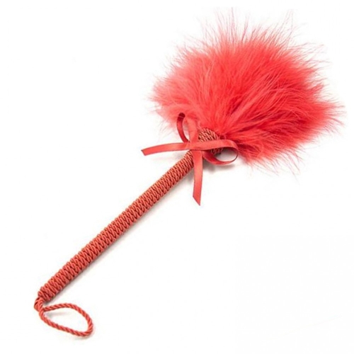 Red feather tickle, knitted drawstring handle