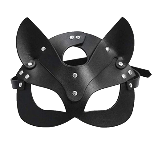 Black leather cat mask, studs and belt