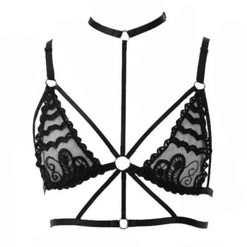 Black open bra, chest harness with lace - Leslye