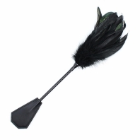 Black feather tickler with a green sheen, leather slapper