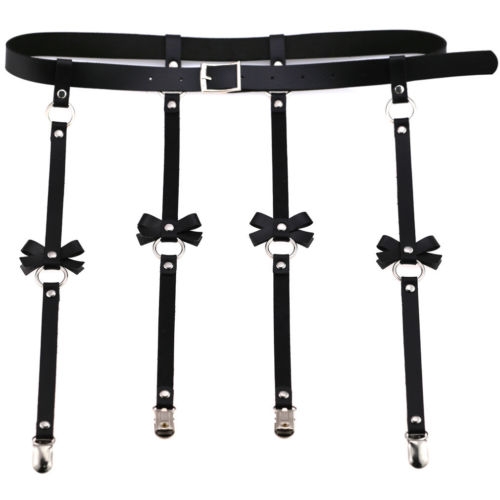 Black leather garter belt, bows and clips