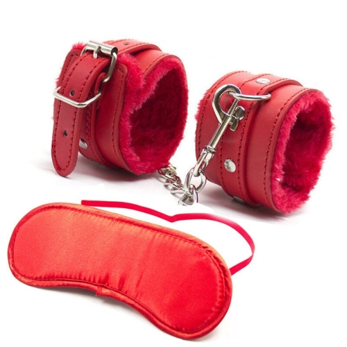 Erotic set, leather handcuffs and satin mask, red color