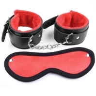 Erotic set, leather handcuffs and mask, red and black color