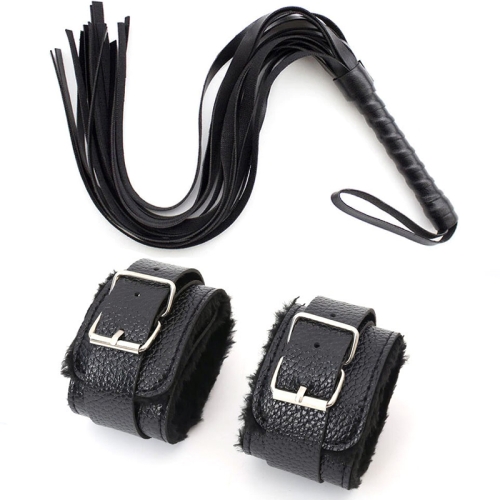 Erotic set, leather whip and handcuffs, black color, fur