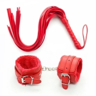 Erotic set, leather whip and handcuffs, red color