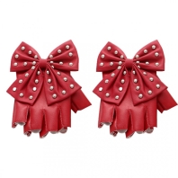 Red leather gloves without fingers, studs and bow