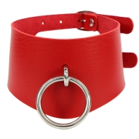 Red erotic choker, silver metal ring, double fastening