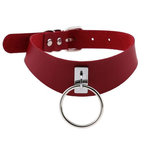 Red erotic choker, silver metal ring, belt