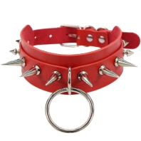 Red erotic leather choker, silver metal spikes and elements