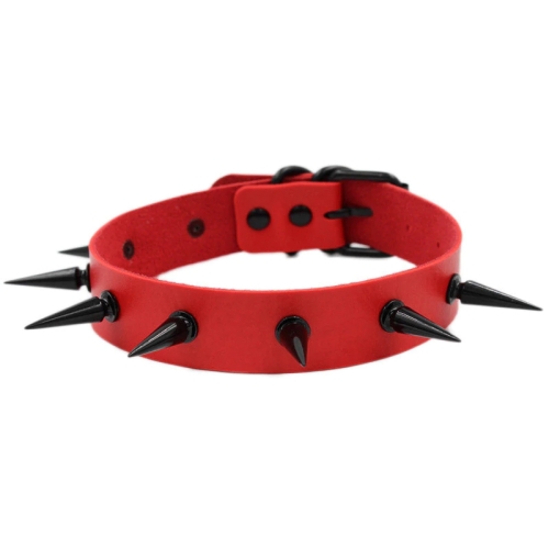 Red erotic leather choker, black metal spines