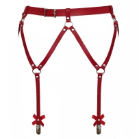 Red leather garter belt, clips and bows