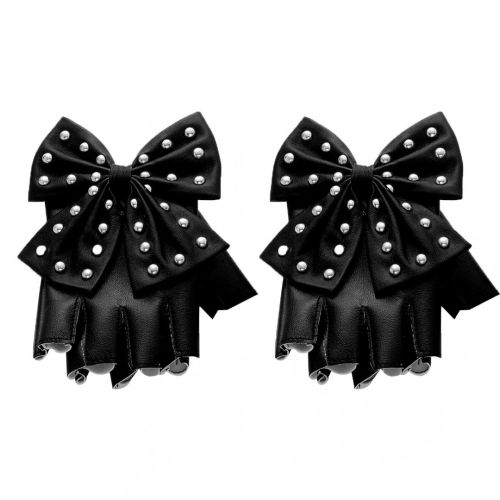 Black leather gloves without fingers, studs and bow