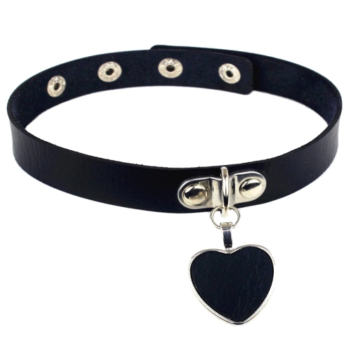 Black erotic leather choker, black hearts and snaps