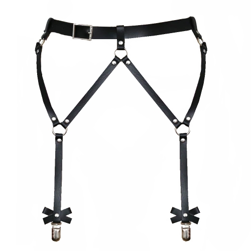 Black leather garter belt, clips and bows