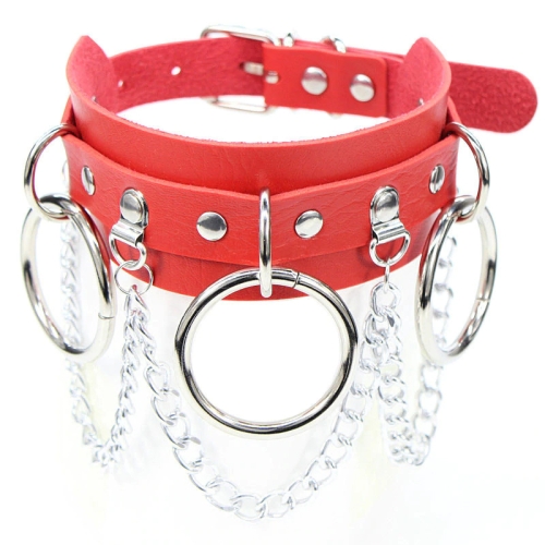 Leather red erotic choker, thorns, chain and rings