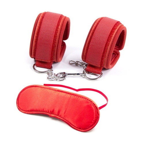 Erotic set, soft handcuffs and satin mask, red color