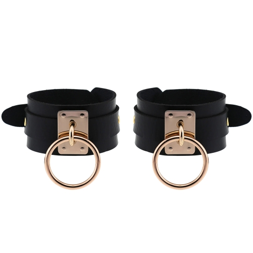 Leather black handcuffs, buckle and gold rings