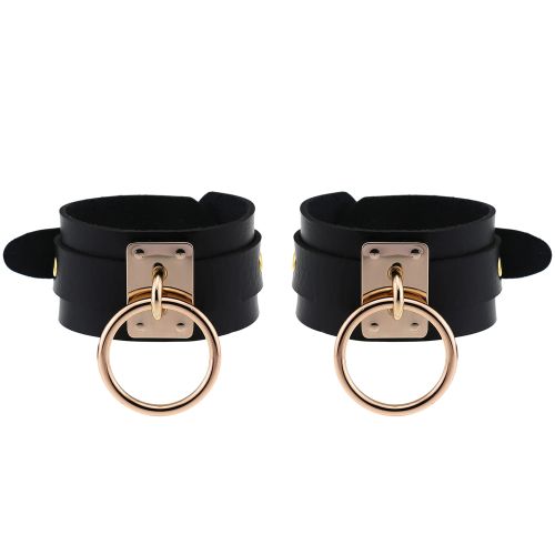 Leather black handcuffs, buckle and gold rings