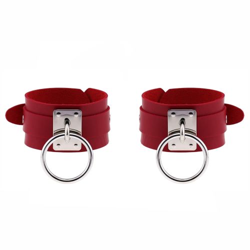 Leather red handcuffs, buckle and circles of silver color