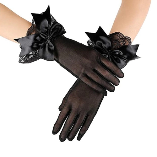 Women's black, fine lace gloves, bow