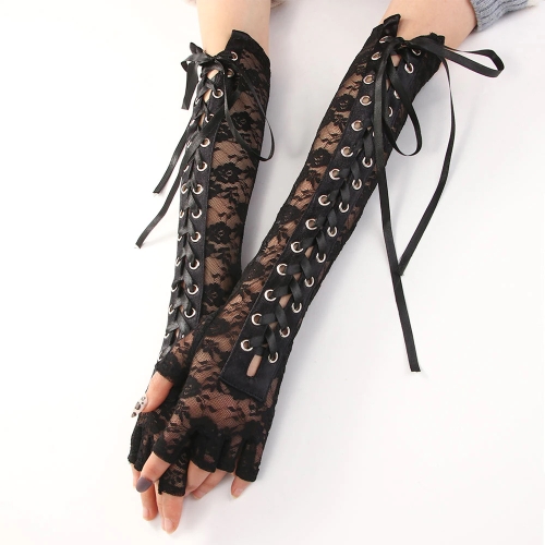 Women's tied black lace gloves, in front of the elbow, without fingers