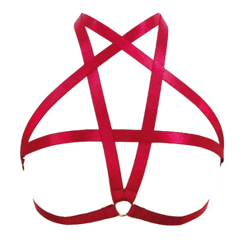 Red elastic open bra, harness - Pentagram