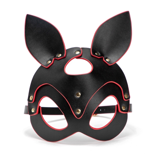 Black leather cat mask - red hem, studs and belt