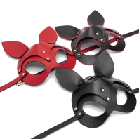 Black leather cat mask - red hem, studs and belt