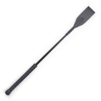 Black leather whip, plastic handle and leather rectangle