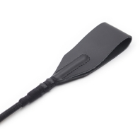 Black leather whip, plastic handle and leather rectangle