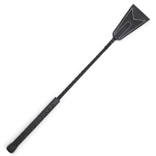 Black leather whip, plastic handle and leather triangle