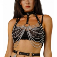 Black leather chest harness, silver chains - Sultana