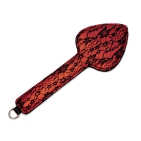 BDSM spanking paddle, red and black color, lace, floral pattern and heart