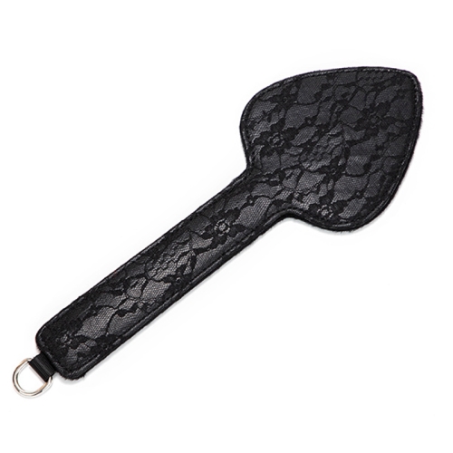 BDSM spanking paddle, black color, lace, floral pattern and heart