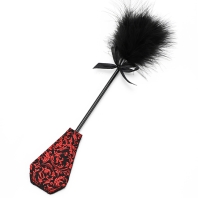 Black tickler with vintage pattern and ribbon, red lace spanking paddle